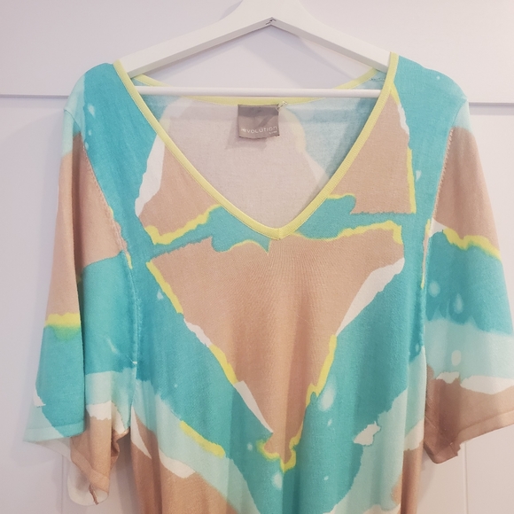 Teal green, tan & yellow knit belted dress by Evolution, size 12 - Picture 4 of 5